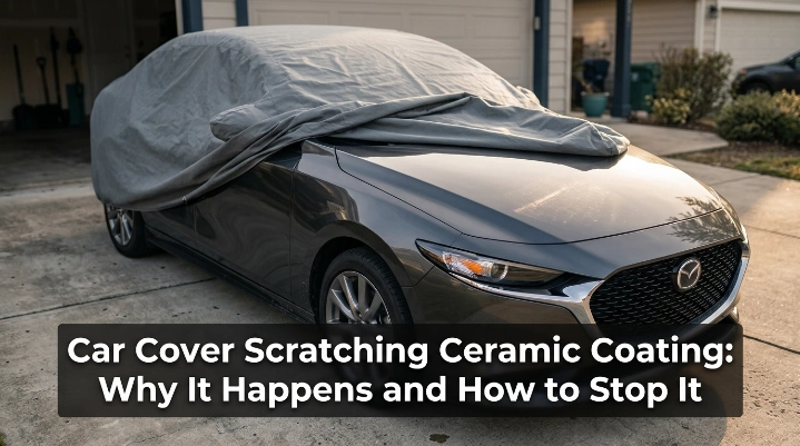 Car cover scratching ceramic coating on a glossy sedan with fine swirl marks visible.