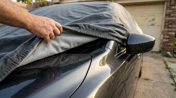 Grit beneath a car cover scratching ceramic coating near a hood and side mirror.