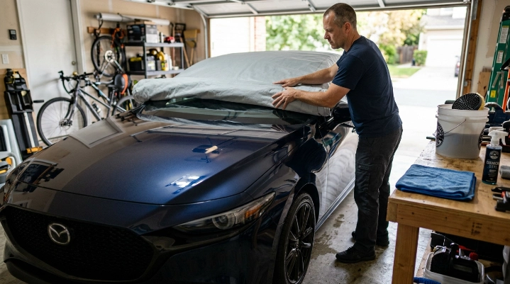 Driver carefully installing a clean car cover to prevent scratching ceramic coating.