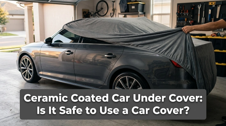 Ceramic coated car under cover inside a clean garage with soft fitted fabric