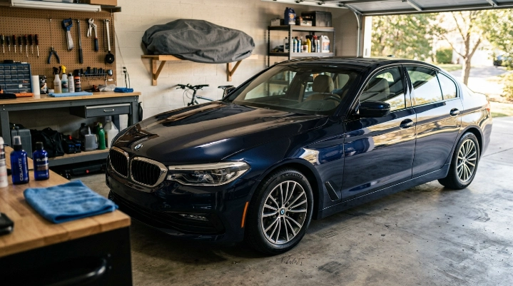 Fresh ceramic coated car curing in a garage before a cover is installed