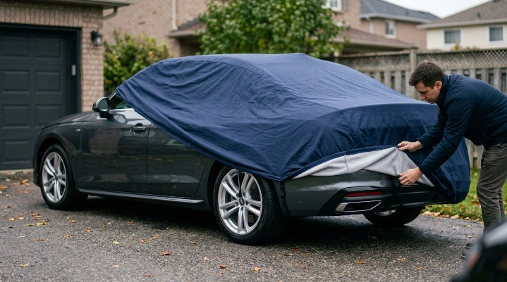 Fitted breathable cover secured over a clean ceramic coated sedan outdoors