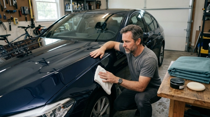 Owner checks freshly waxed paint before placing a car cover on waxed car

