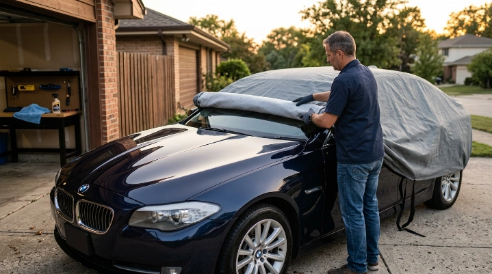 Owner carefully rolls a clean car cover over freshly waxed, dry and cool paint