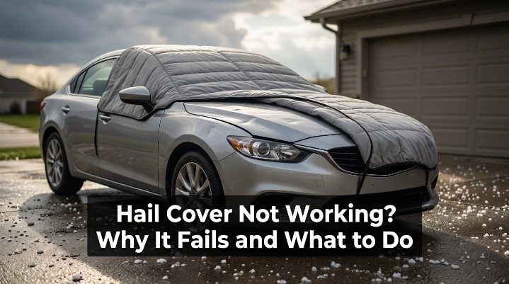 Hail-covered car with shifted padded cover after a severe storm