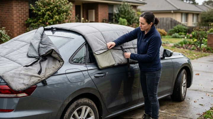 Car owner inspecting flattened hail cover padding, seams, fit, and straps