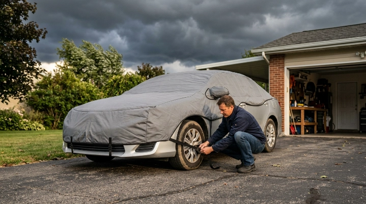 Driver securing a padded hail cover before a storm with garage shelter nearby