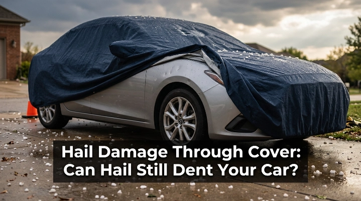 Hail damage through cover showing dents beneath a storm-covered car after