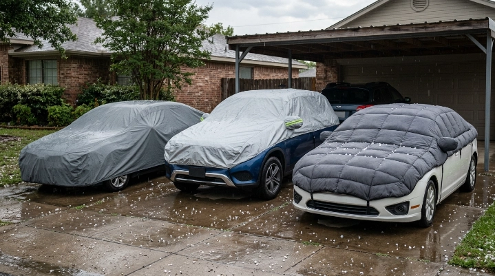 Standard, multilayer and padded hail covers compared beside a protected carport.