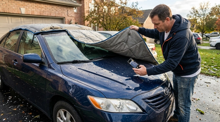 Owner inspecting hail dents under angled light after carefully removing a car cover.
