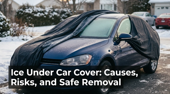 Ice under a car cover frozen against a vehicle during cold winter weather