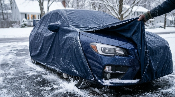 Condensation and wind-driven snow freezing underneath a fitted outdoor car cover
