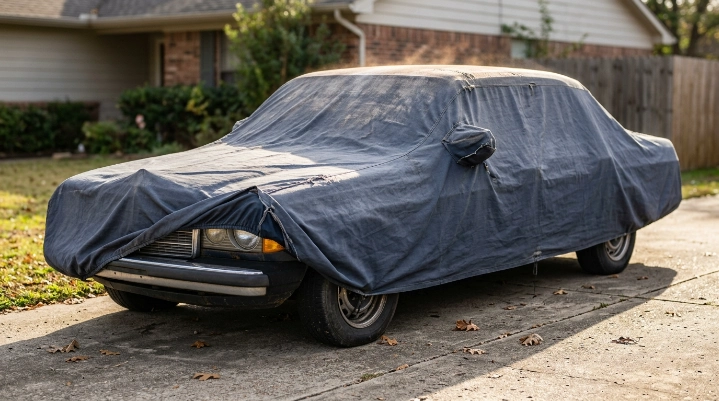 Aging car cover shifting in sunlight with faded fabric, loose hem, and exposed bumper.