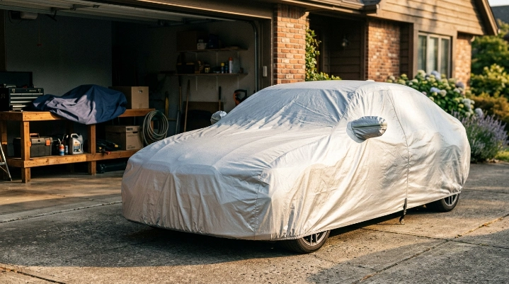 Reflective outdoor car cover fitted securely to a vehicle parked in strong sunlight.