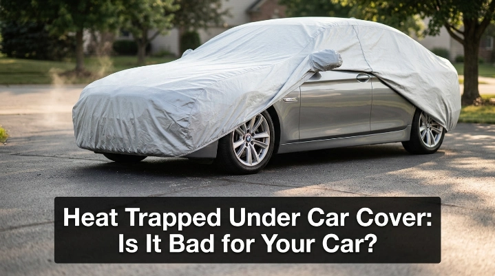 Light breathable car cover protecting a parked vehicle from summer heat and direct sunlight