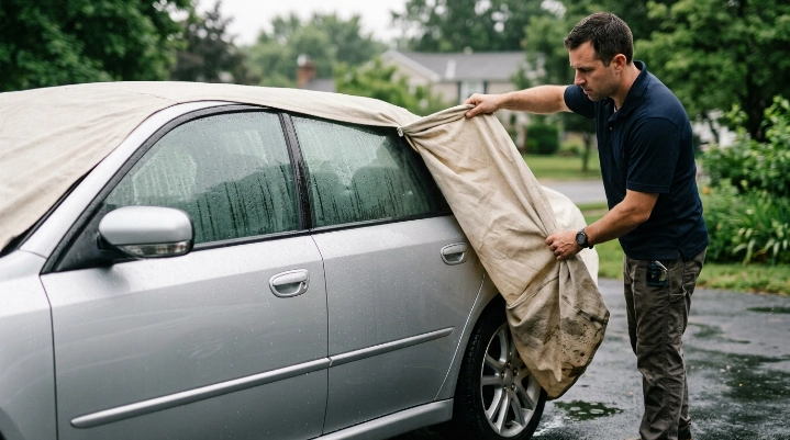 Condensation and dampness visible beneath a car cover during hot humid weather