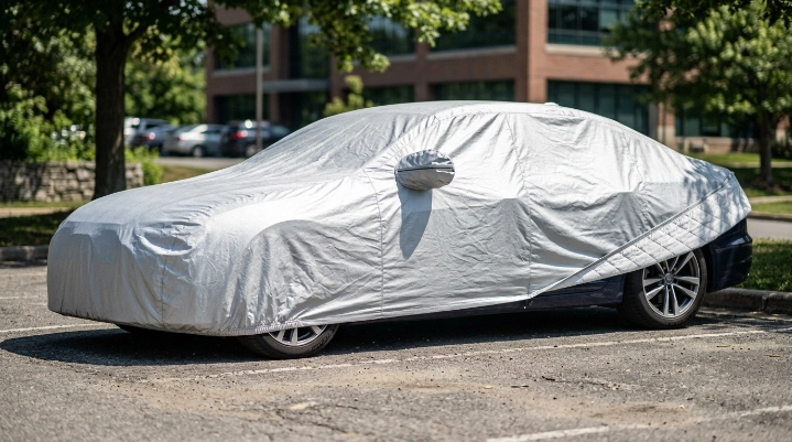 Light silver breathable car cover fitted securely over a vehicle in direct summer sunlight