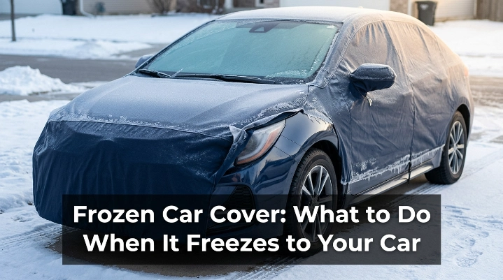 Frozen car cover bonded by ice to a parked vehicle during cold winter weather