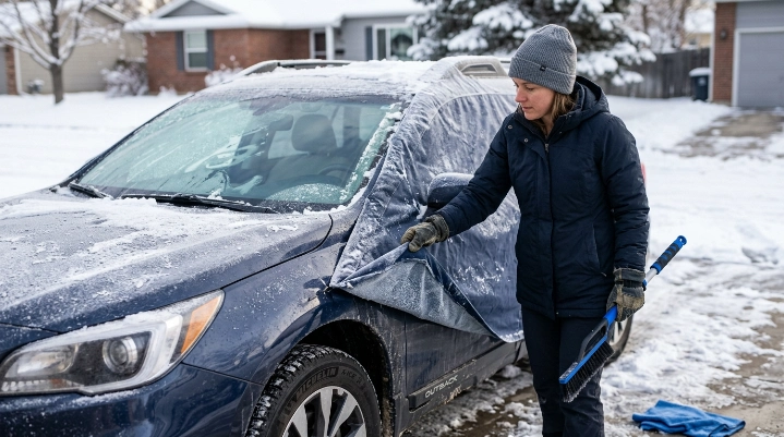 Driver gently tests a thawed edge while safely removing a frozen car cover