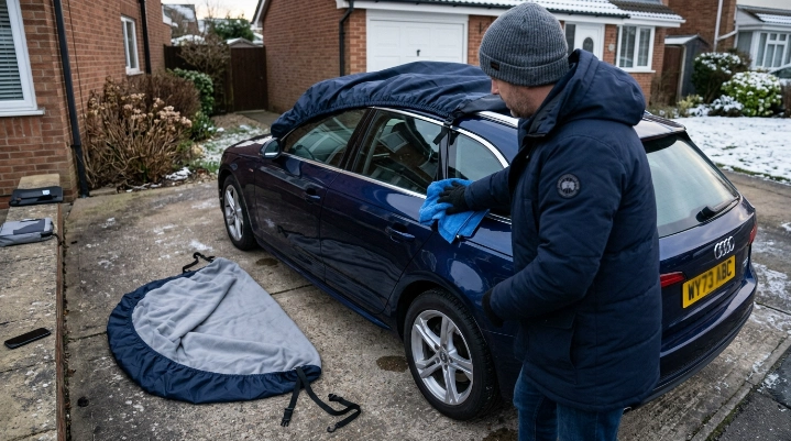 Driver prepares a clean dry car and secure cover before freezing winter weather