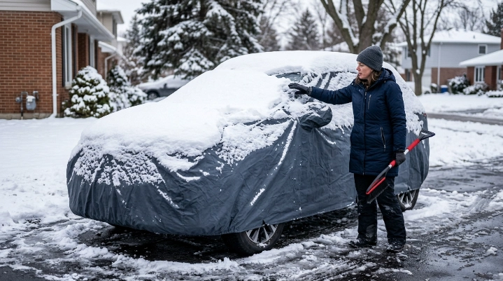 Driver inspecting sagging car cover under heavy wet snow after a winter storm.