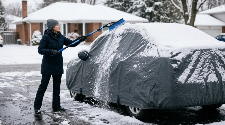 Owner using a soft snow broom to clear snow from a covered car roof.