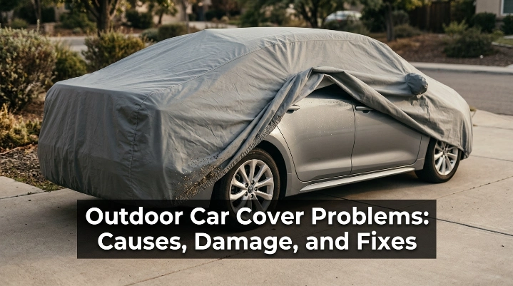 Outdoor car cover showing moisture and loose fabric that can contribute to paint damage.
