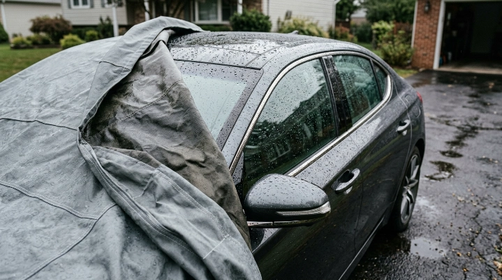 Condensation droplets beneath a damp outdoor car cover on a parked sedan after rainfall.