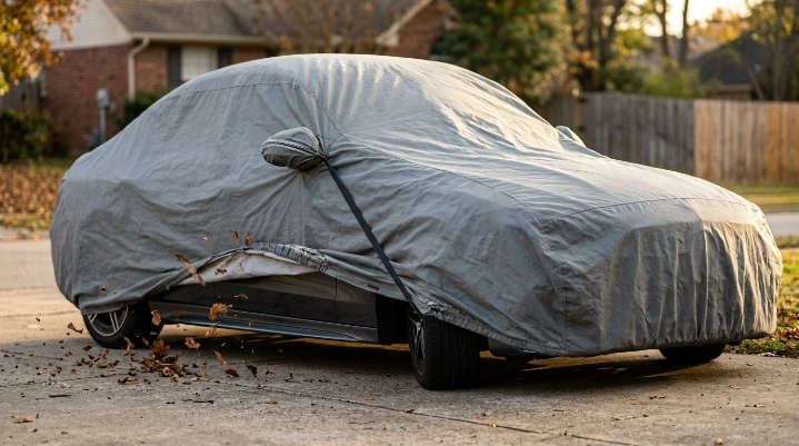 Loose outdoor car cover ballooning in wind around a parked sedan with strained securing strap.