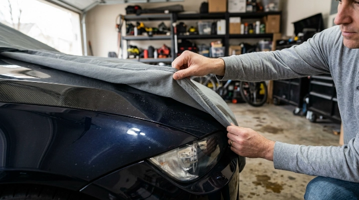 Fine dust trapped beneath an indoor car cover near glossy paint during careful removal.