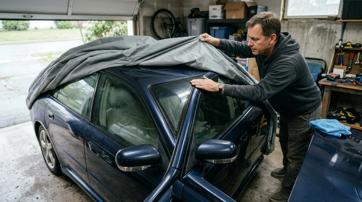 Condensation beneath an indoor car cover on a garage-stored sedan after moisture buildup.