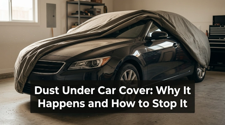 Dark car partly uncovered in a garage showing fine dust beneath a fitted car cover