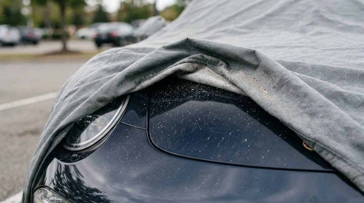Fine grit trapped under a loose car cover rubbing against dark automotive paint