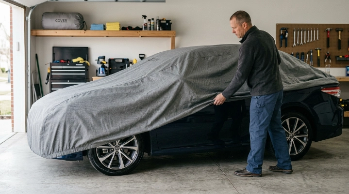 Owner fitting a clean car cover over a dry vehicle inside a tidy garage