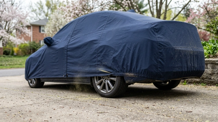 Wind lifts a car cover hem as airborne pollen enters and settles near the lower body panel