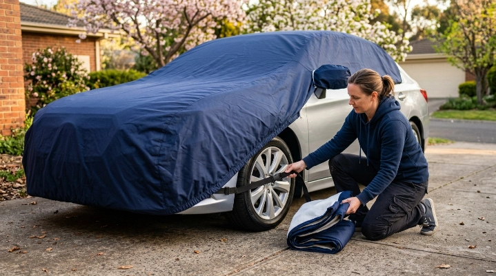 Owner secures a clean fitted car cover on a dry vehicle without letting fabric touch the ground