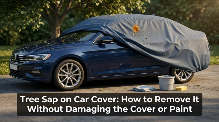 Tree sap on a car cover being safely cleaned away from protected vehicle paint