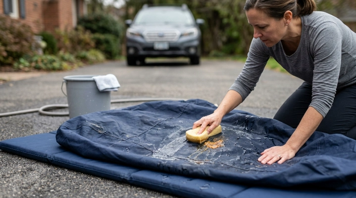 Tree sap being softened and gently cleaned from a removed car cover with water and sponge