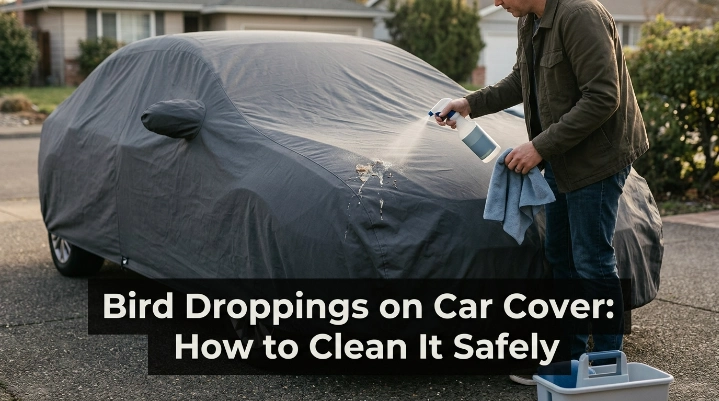 Bird droppings on car cover being handled carefully before safe cleaning