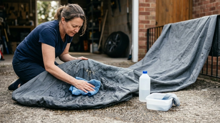 Car cover removed for gentle bird dropping cleaning with water and microfiber towel