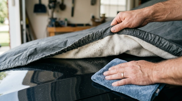 Owner inspecting car cover interior and vehicle paint for grit before reinstallation
