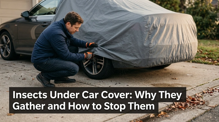Covered car with insects, damp leaves, and loose edges showing common pest attraction conditions