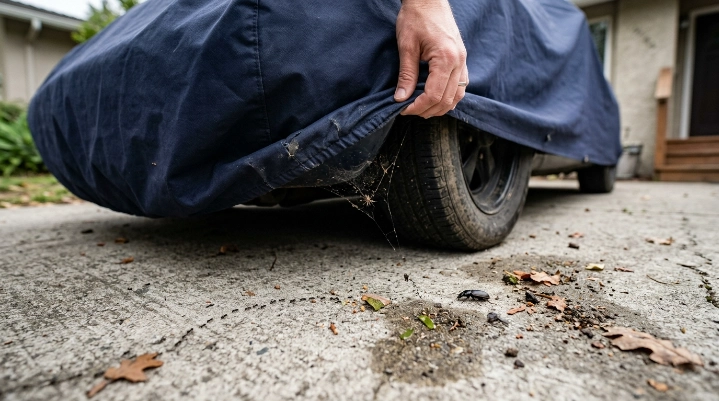 Ants, spider web, springtails and other pests beneath a car cover near moisture and debris