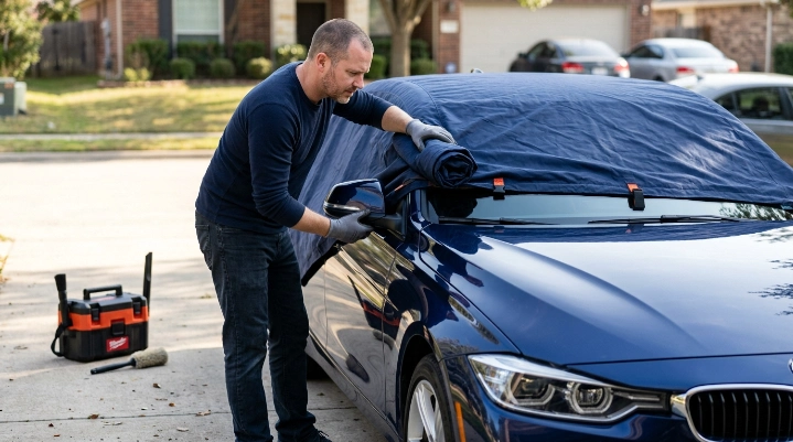 Gloved owner slowly rolling back a car cover while using a vacuum and soft detailing tools