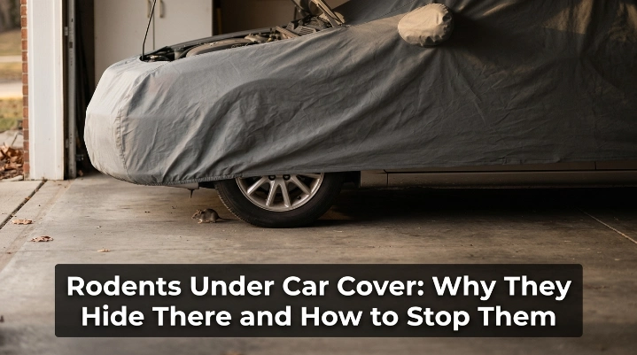 Mouse beneath a covered car illustrating how rodents access stored vehicles from below