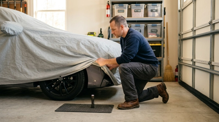 Car owner clearing a garage and sealing access points to deter rodents from a covered vehicle