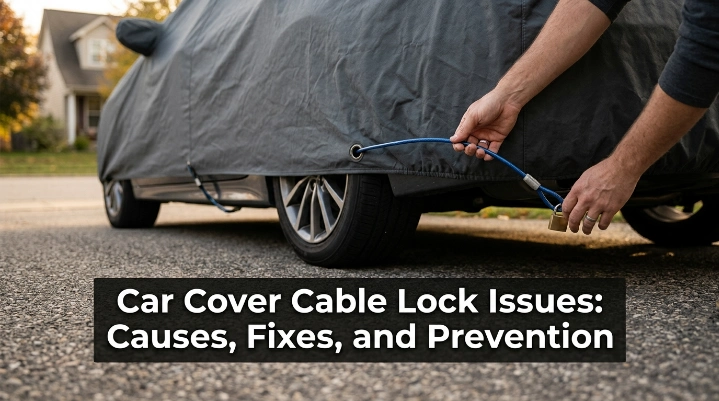 Car cover cable lock checked beneath a parked vehicle for tension, routing, and grommet condition.