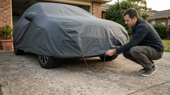 Loose coated car cover cable hanging beneath a sedan while the cover shifts in wind.