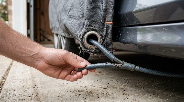 Close-up of stretched car cover grommet and cracked cable coating near vehicle paint.