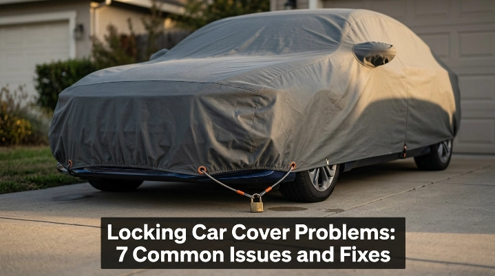Locking car cover problems shown on a covered sedan with cable, grommets, padlock, moisture, and wind.